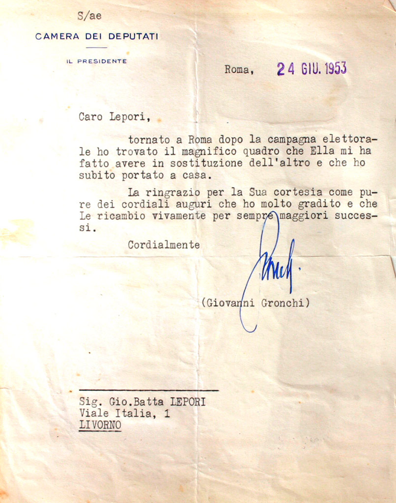 Lettera di Giovanni Gronchi a Gio Batta Lepori 1953
