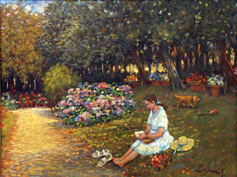 Dipinto "Siesta" di Gio Batta Lepori (60x80 cm), raffigurante una figura seduta in un prato fiorito sotto l'ombra di grandi alberi.
